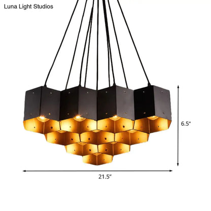 Vintage Hexagonal Chandelier with Black Honeycomb Design - 7/10/11 Down Lights for Restaurants