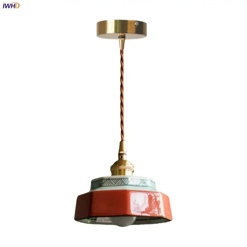 Vintage hexagonal red and green ceramic led pendant light with brass hardware and twisted copper cord by decorbites