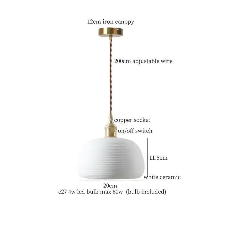 White ceramic led pendant light with ribbed texture and brass accents by decorbites for vintage kitchen decor