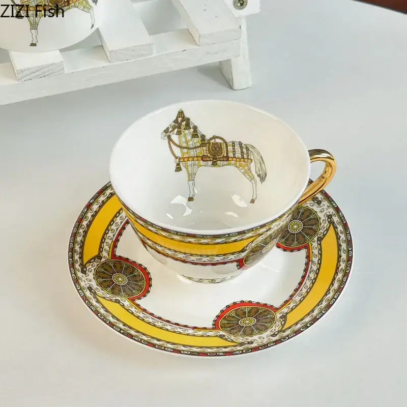 Vintage white porcelain mug cup saucer set with gold-trimmed handle and brown yellow horse illustration interior