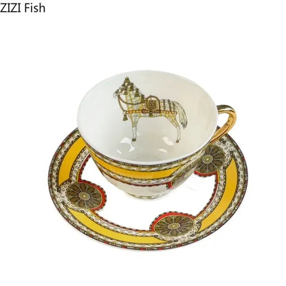 Vintage white porcelain mug cup saucer set with gold trim and detailed horse illustration for dining room use