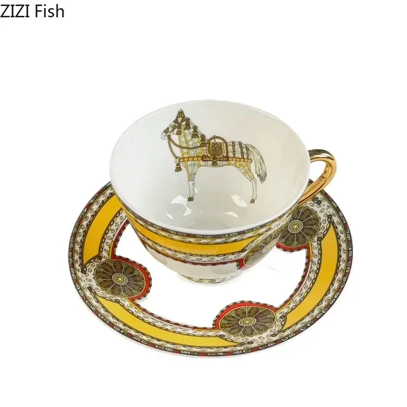 Vintage white porcelain mug cup saucer set with gold trim and detailed horse illustration for dining room use