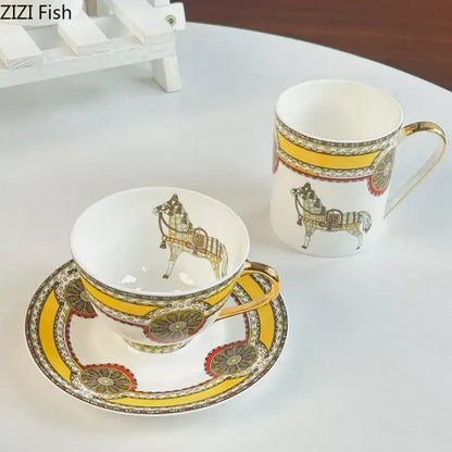 Vintage white porcelain mug cup saucer set with gold-trimmed handles and decorative horse and carriage motif