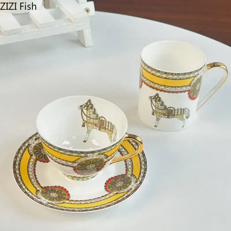 Vintage white porcelain mug cup saucer set with gold-trimmed handles and decorative horse and carriage motif