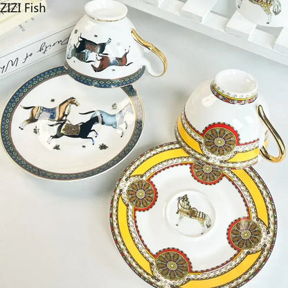 Vintage white ceramic mug cup saucer set with gold-trimmed handles and vibrant horse-themed illustrations