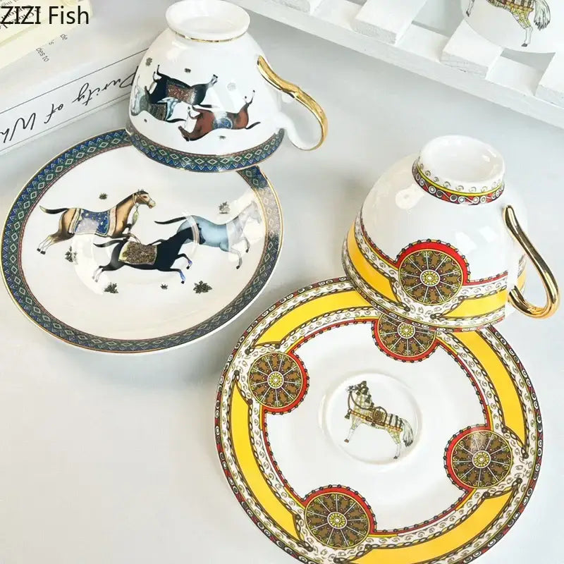 Vintage white ceramic mug cup saucer set with gold-trimmed handles and vibrant horse-themed illustrations