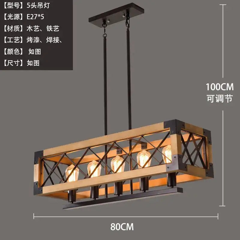 Vintage hotel wrought iron wood chandelier pendant light with rustic wooden frame black metal cross-bracing and edison bulbs