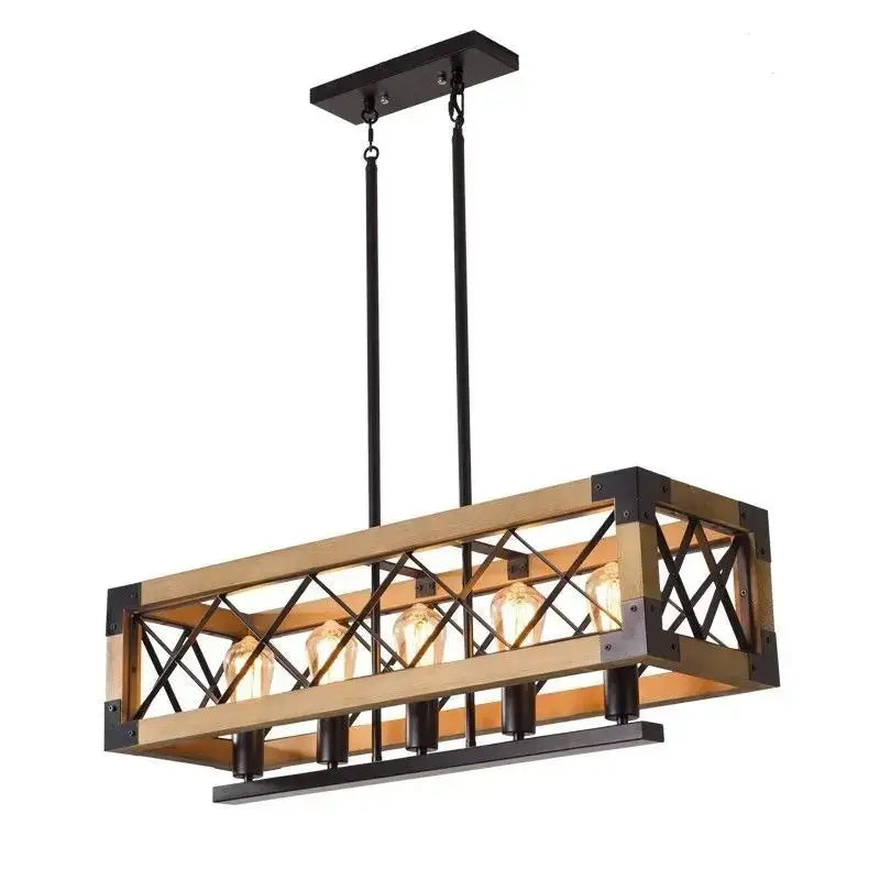 Vintage hotel wrought iron wood chandelier pendant light with rustic wooden frame, black metal cross-bracing, and Edison bulbs