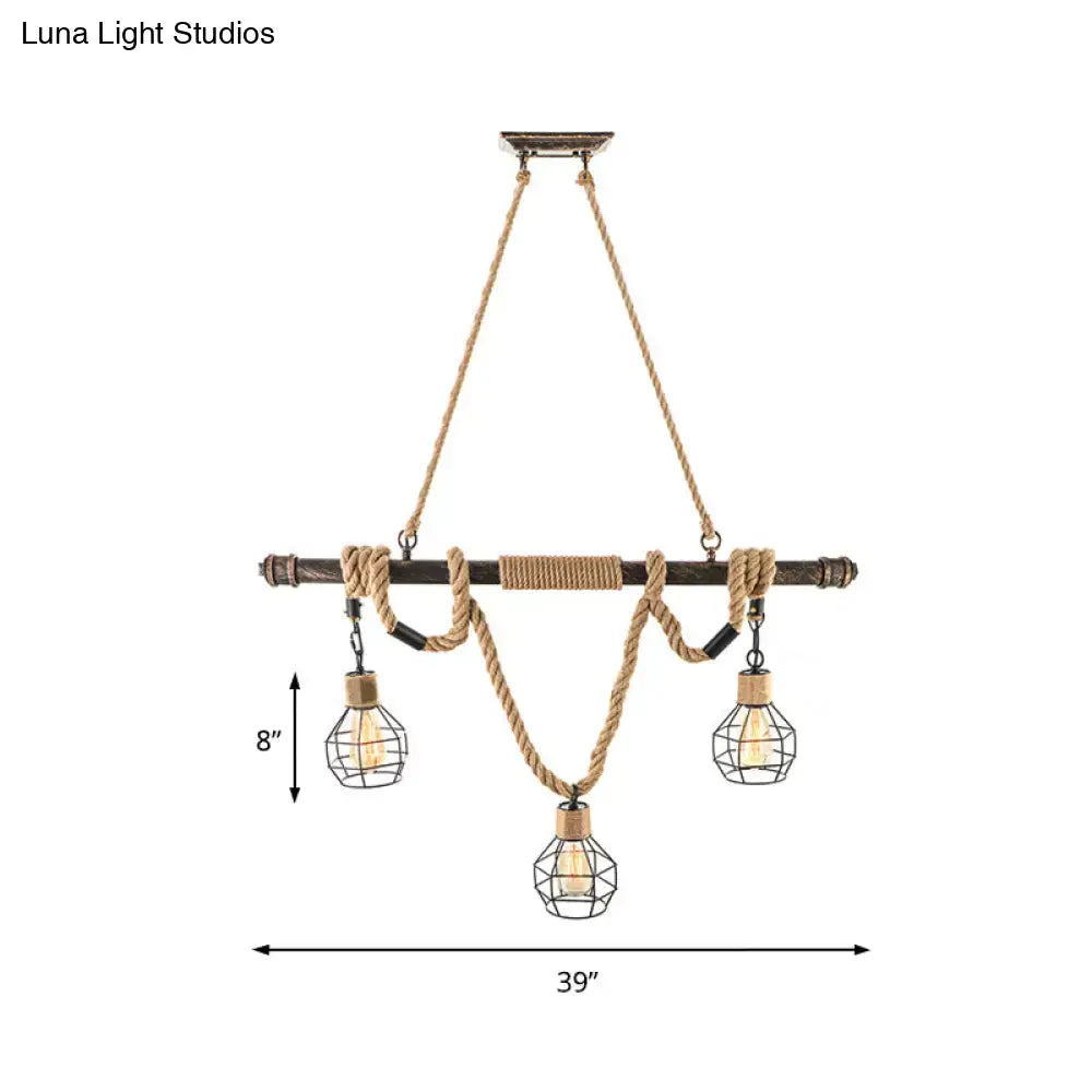 DecorBites vintage style island lighting with beige metal, natural rope, and three exposed filament bulbs hanging light