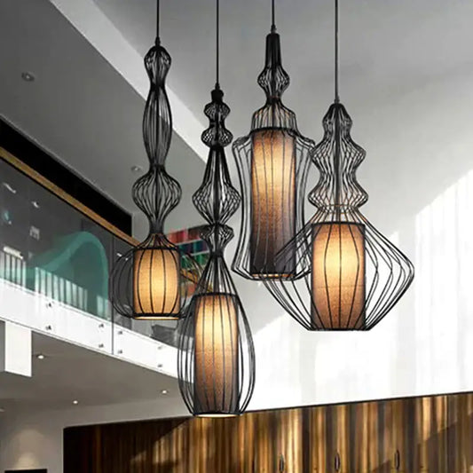 Black wrought iron vintage industrial birdcage chandelier with amber fabric shades for dining room decorbites birdcage chandelier