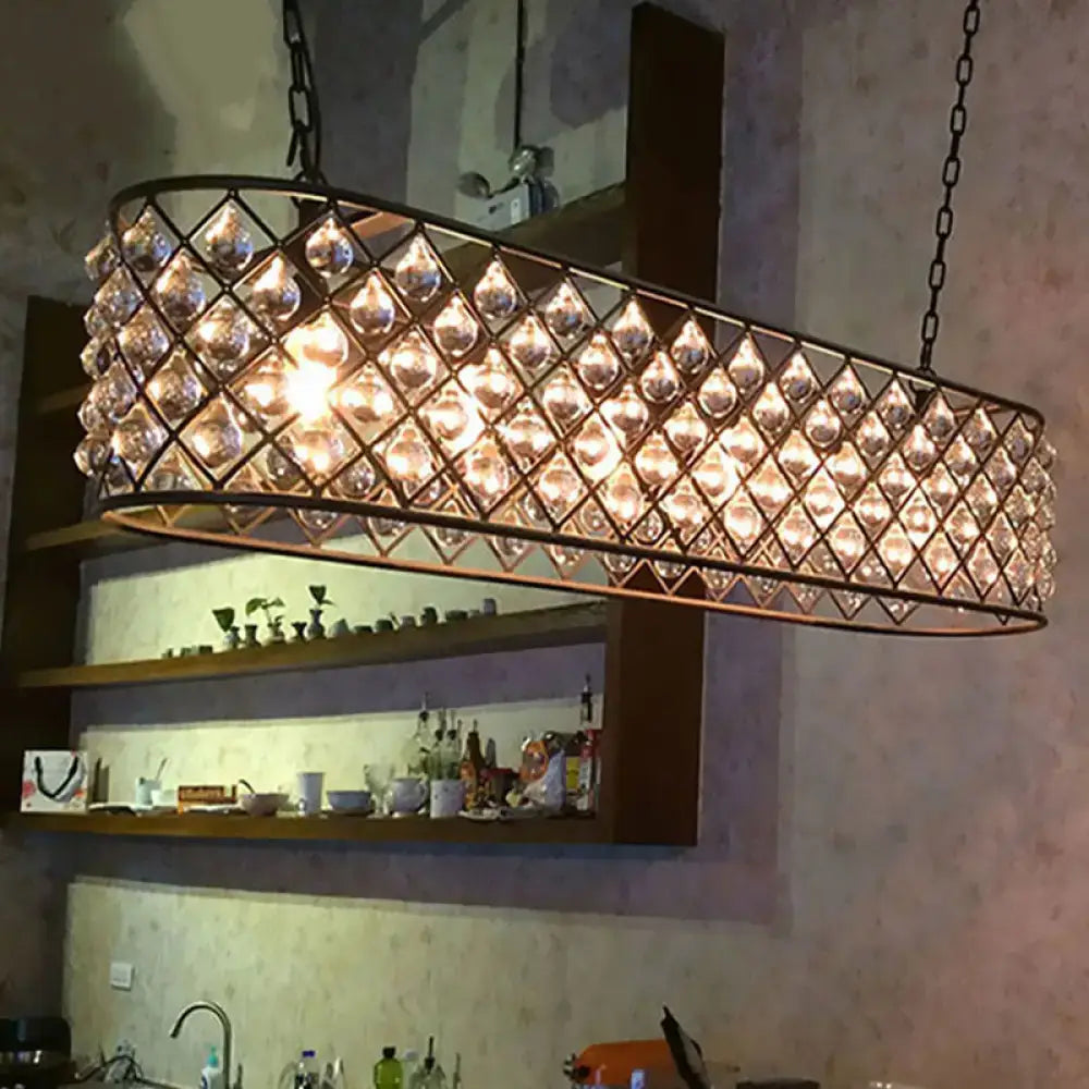DecorBites™ vintage industrial oblong caged iron chandelier with clear crystal ball bulbs in black for island lighting