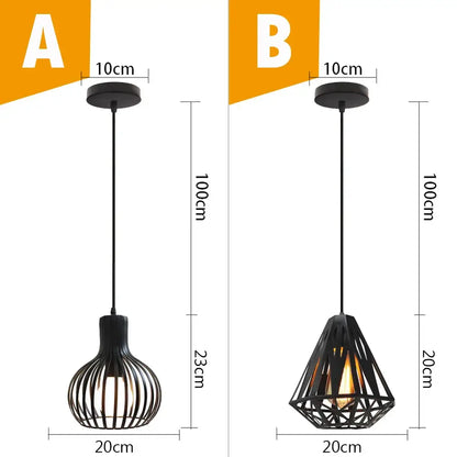 Vintage industrial black metal pendant light with two black metal cage designs featuring exposed filament bulbs