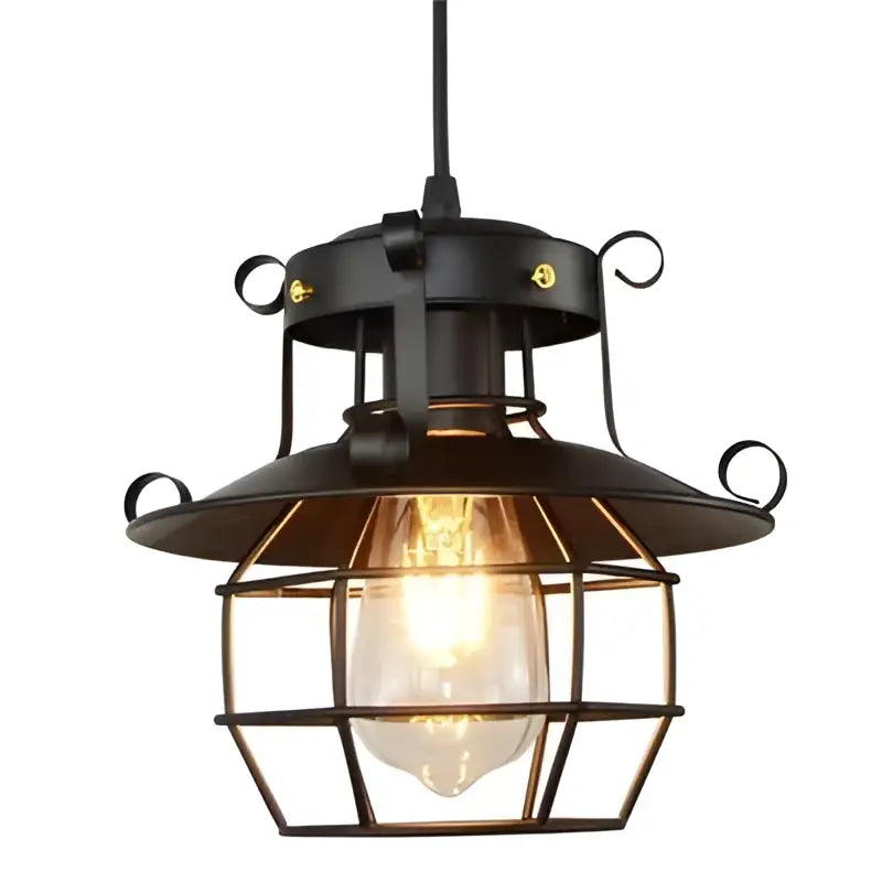 Black metal pendant light with cage design and exposed bulb vintage industrial metal construction for kitchen use