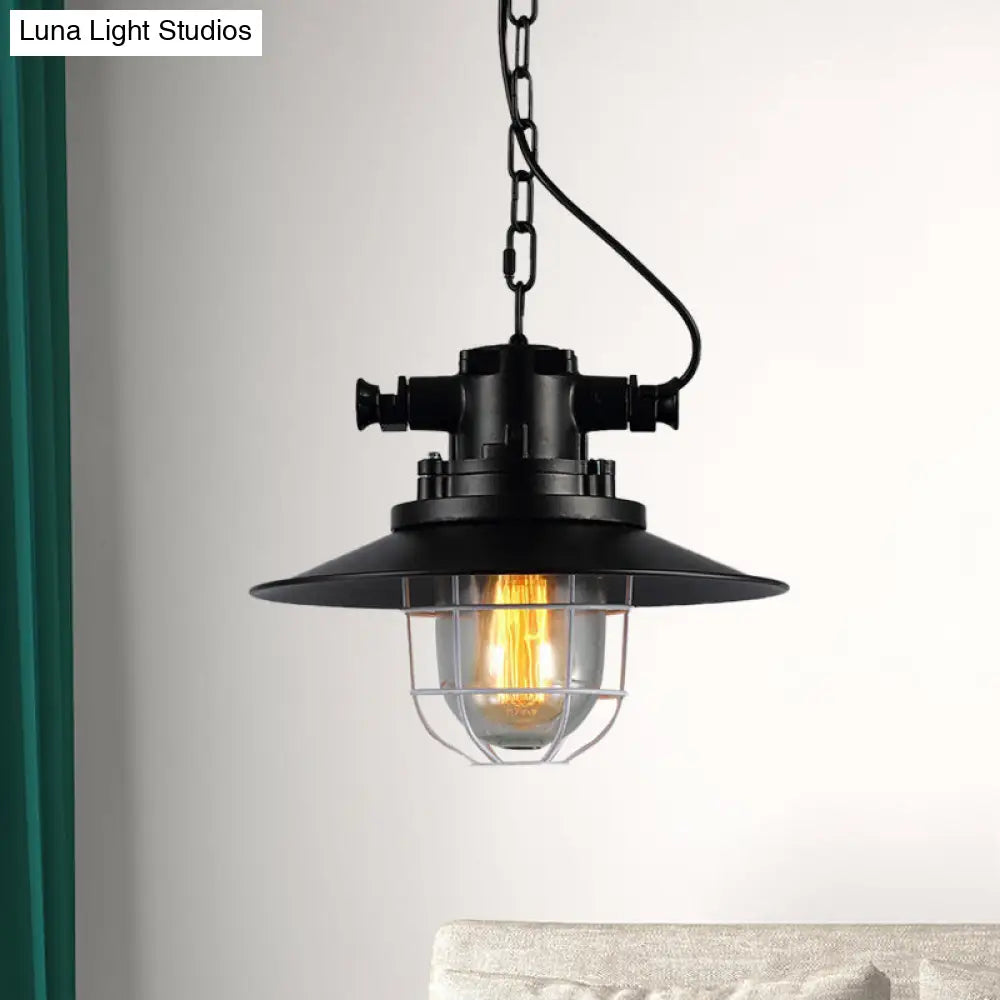 Vintage Industrial Black Metal Pendant Light with Clear Glass Shade