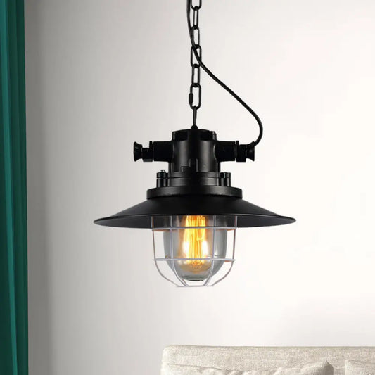 Vintage Industrial Black Metal Pendant Light with Clear Glass Shade