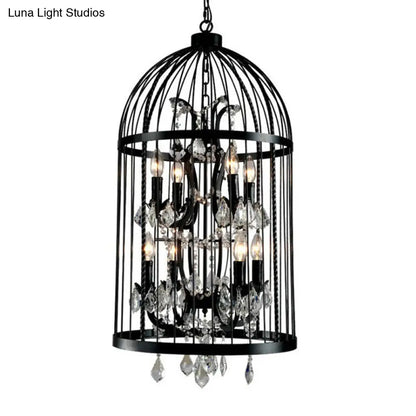 Vintage Industrial Black Metal Pendant Light with Crystal Deco - Multi Light Birdcage Hanging Design