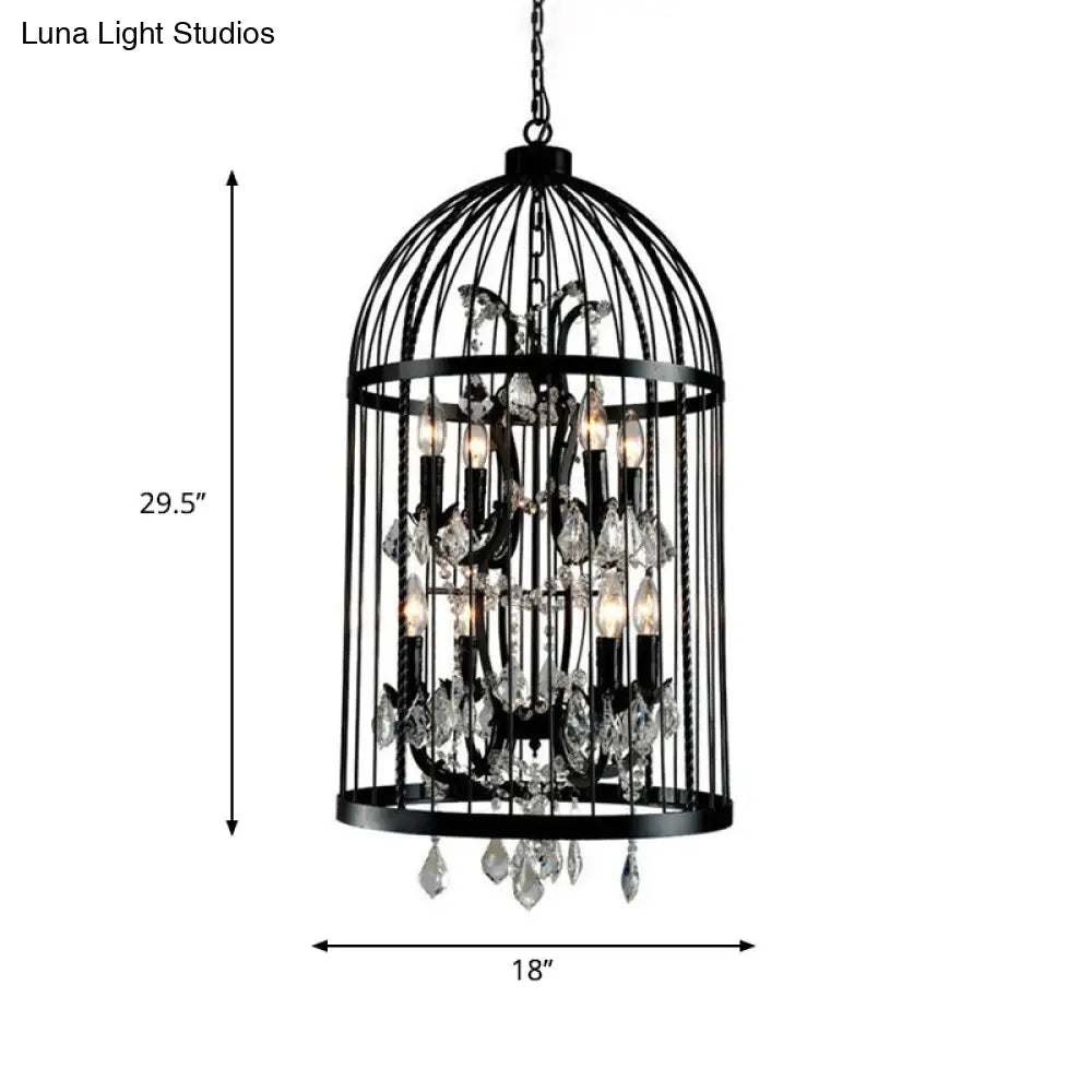 Vintage Industrial Black Metal Pendant Light with Crystal Deco - Multi Light Birdcage Hanging Design