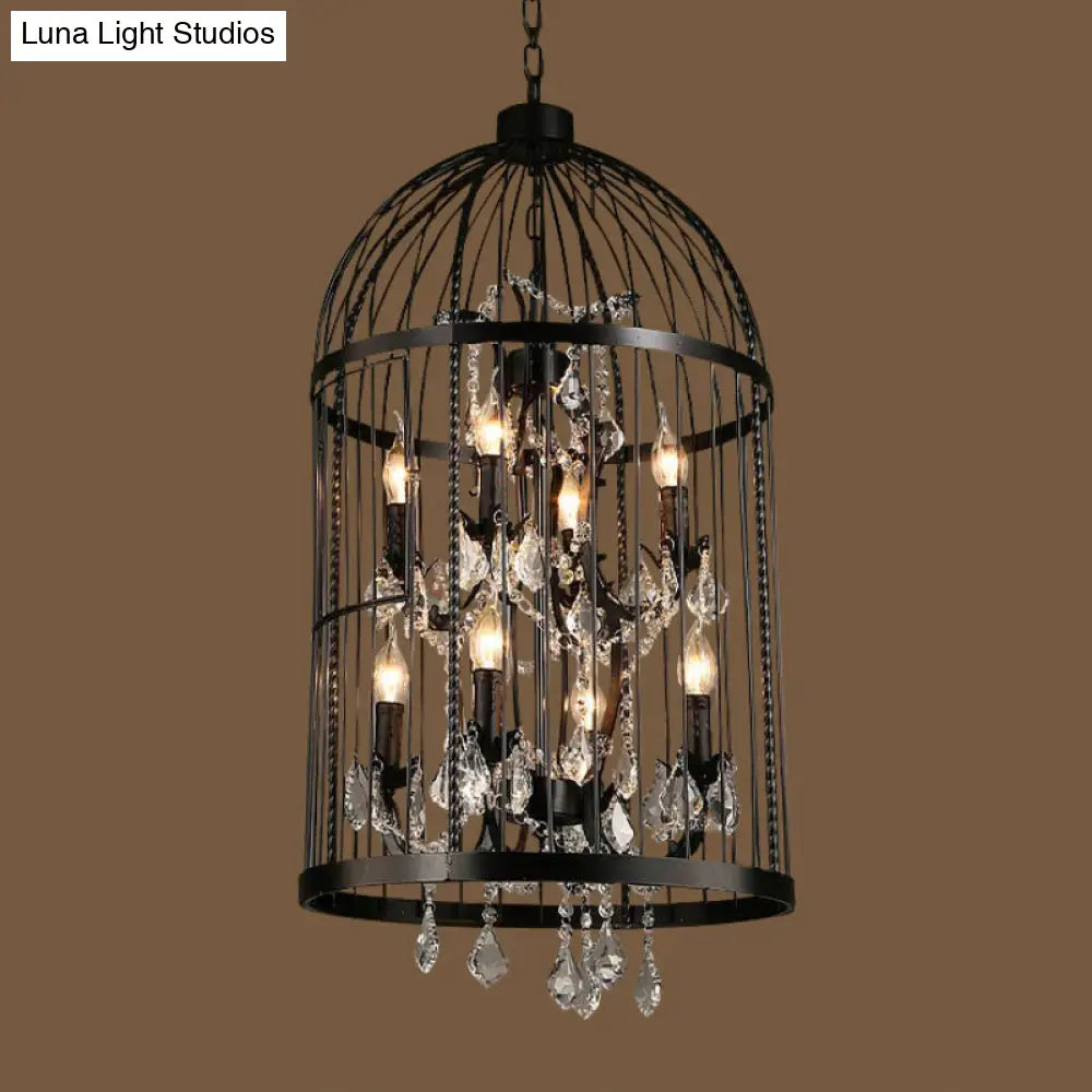 Vintage Industrial Black Metal Pendant Light with Crystal Deco - Multi Light Birdcage Hanging Design