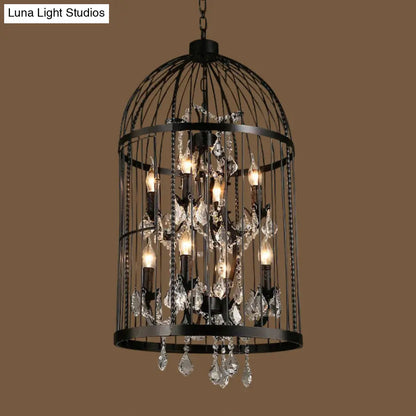 Vintage Industrial Black Metal Pendant Light with Crystal Deco - Multi Light Birdcage Hanging Design
