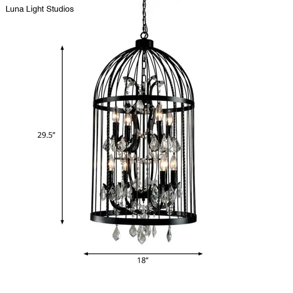 Vintage Industrial Black Metal Pendant Light with Crystal Deco - Multi Light Birdcage Hanging Design