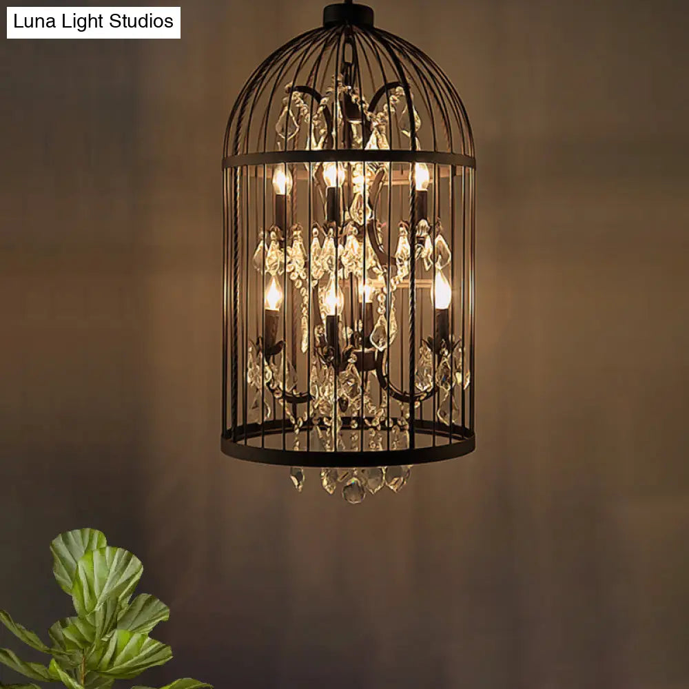 Vintage Industrial Black Metal Pendant Light with Crystal Deco - Multi Light Birdcage Hanging Design