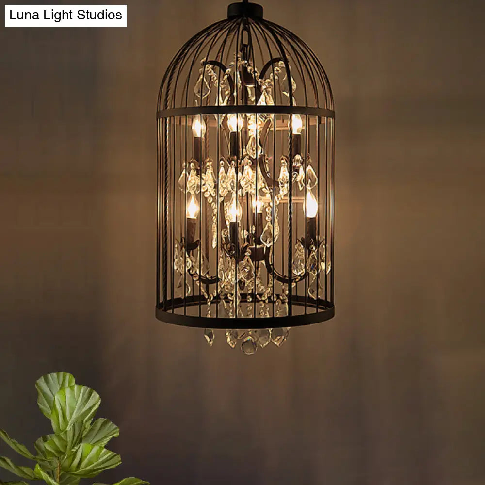 Vintage Industrial Black Metal Pendant Light with Crystal Deco - Multi Light Birdcage Hanging Design