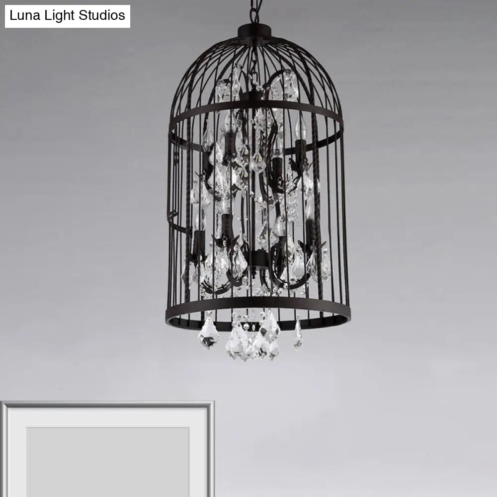Vintage Industrial Black Metal Pendant Light with Crystal Deco - Multi Light Birdcage Hanging Design