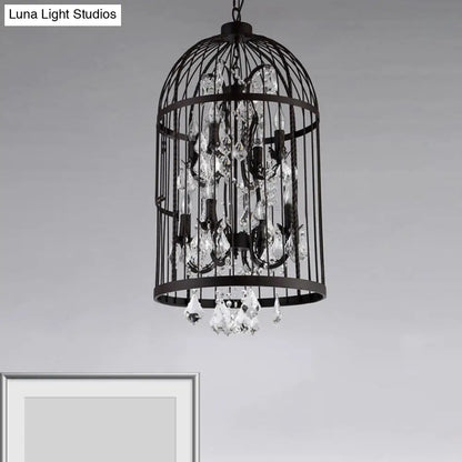 Vintage Industrial Black Metal Pendant Light with Crystal Deco - Multi Light Birdcage Hanging Design