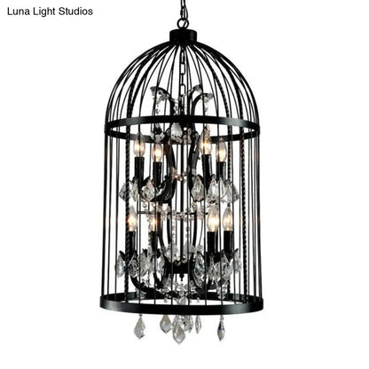 Vintage Industrial Black Metal Pendant Light with Crystal Deco - Multi Light Birdcage Hanging Design