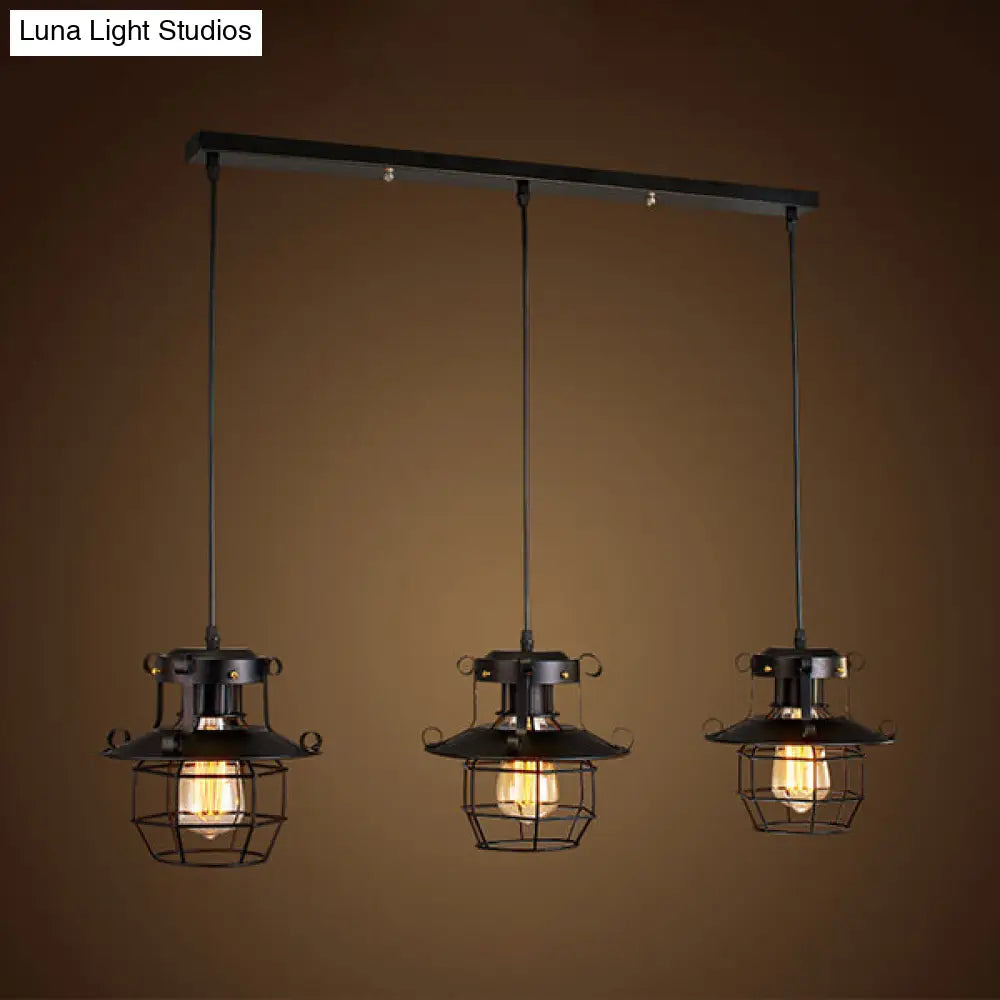 Vintage Industrial Black Metal Pendant Light with Dome Cage Shade and 3 Hanging Lights