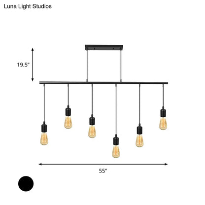 Decorbites vintage industrial black metal multi light linear pendant light with six exposed filament bulbs for island use
