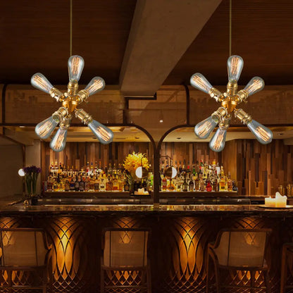 Vintage Industrial Brass Chandelier with 6 Bare Bulb Heads - Perfect for Bars