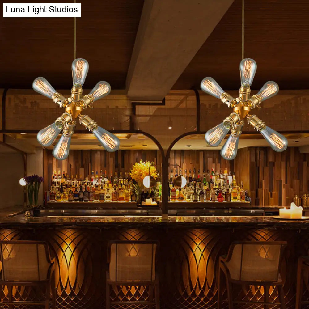 Vintage Industrial Brass Chandelier with 6 Bare Bulb Heads - Perfect for Bars