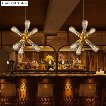 Vintage Industrial Brass Chandelier with 6 Bare Bulb Heads - Perfect for Bars