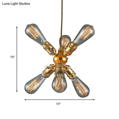 Vintage Industrial Brass Chandelier with 6 Bare Bulb Heads - Perfect for Bars