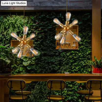 Vintage Industrial Brass Chandelier with 6 Bare Bulb Heads - Perfect for Bars