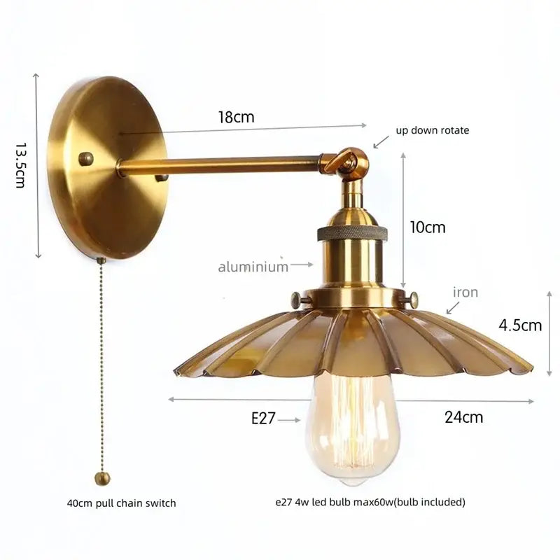 Vintage industrial brass iron led wall lamp with fluted petal-shaped shade and exposed edison bulb for bedroom decorbites iron led