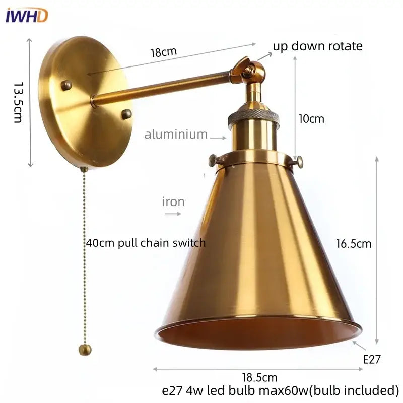 Vintage industrial brass iron led wall lamp with conical shade aluminum arm and iron base for bedroom reading decorbites iron led