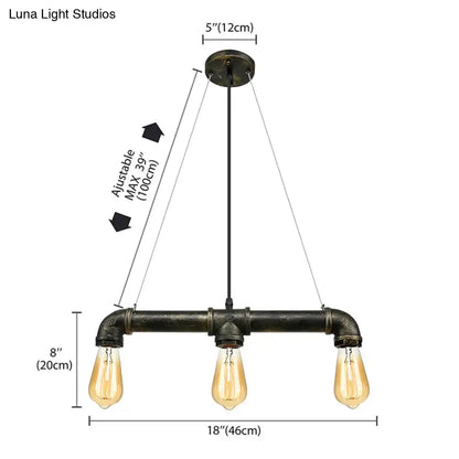 DecorBites™ vintage brass pipe ceiling light fixture with black iron 3-light industrial-style pipe ceiling light