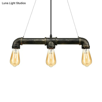 DecorBites Vintage brass pipe ceiling light fixture with three exposed bulbs in black iron for indoor use