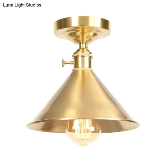 DecorBites™ DecorBites™ Vintage Industrial Brushed Brass Semi Flush Light - 1 Light Ceiling Mounted Balcony Fixture, 8"/9.5" Wide