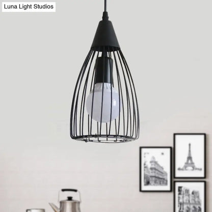 Vintage Industrial Conical Caged Metal Ceiling Light - Black Finish, Restaurant Hanging Fixture