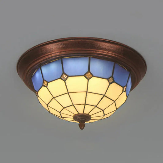 DecorBites™ DecorBites™ Vintage Industrial Dome Flushmount Ceiling Light with Stained Glass in White/Clear/Blue