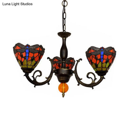 Vintage Industrial Dragonfly Stained Glass Chandelier with 3 Red Conic Hanging Lights