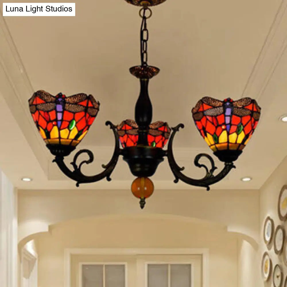Vintage Industrial Dragonfly Stained Glass Chandelier with 3 Red Conic Hanging Lights