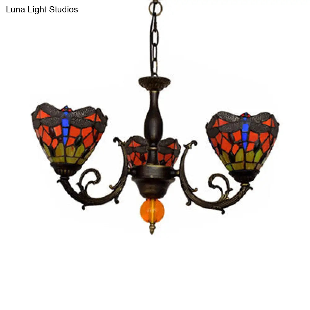 Vintage Industrial Dragonfly Stained Glass Chandelier with 3 Red Conic Hanging Lights
