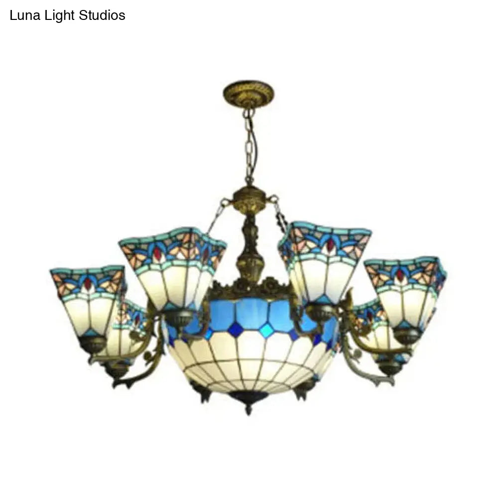 Vintage Industrial Geometric Stained Glass Pendant Light with 9 Suspended Lights for Living Room