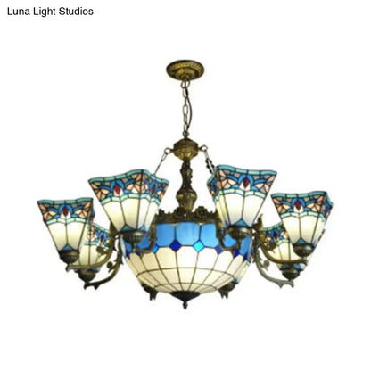 Vintage Industrial Geometric Stained Glass Pendant Light with 9 Suspended Lights for Living Room