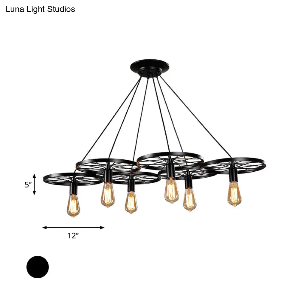 Vintage Industrial Hanging Light with Wheel Design and Multiple Heads - Black/Rust Metal Ceiling Fixture