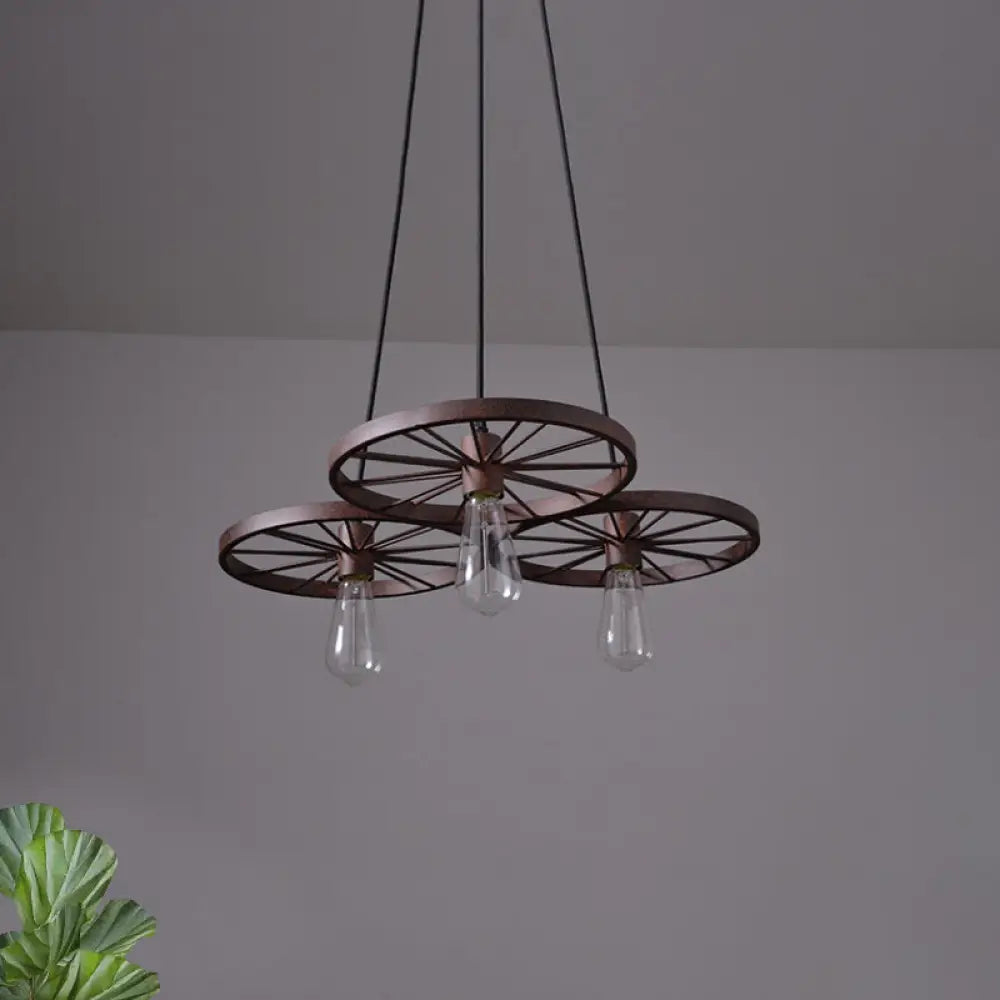 Vintage Industrial Hanging Light with Wheel Design and Multiple Heads - Black/Rust Metal Ceiling Fixture